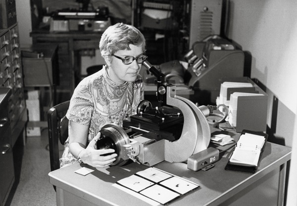In this image taken in the 1970s and provided by the Carnegie Institution of Washington, Vera Rubin uses a measuring engine